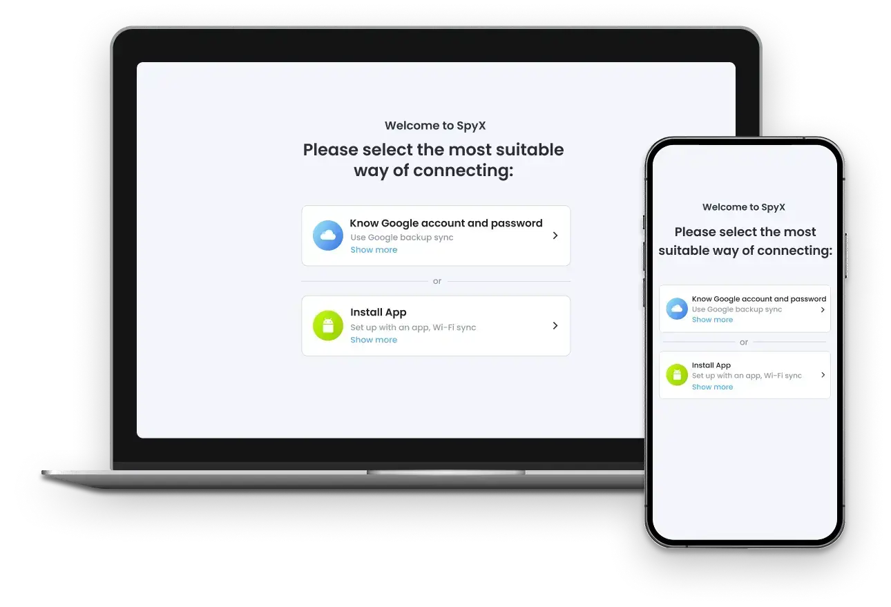 بمجرد تسجيل الدخول إلى حساب Spyx الخاص بك، اختر الطريقة المناسبة للاتصال بالجهاز المستهدف.