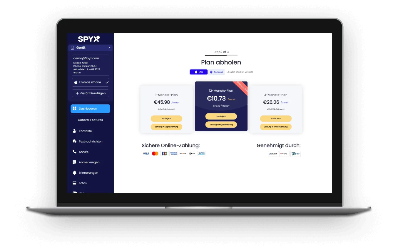 Nachdem Sie sich bei Ihrem Spyx-Konto angemeldet haben, wählen Sie die entsprechende Methode zur Bindung an das Zielgerät aus.