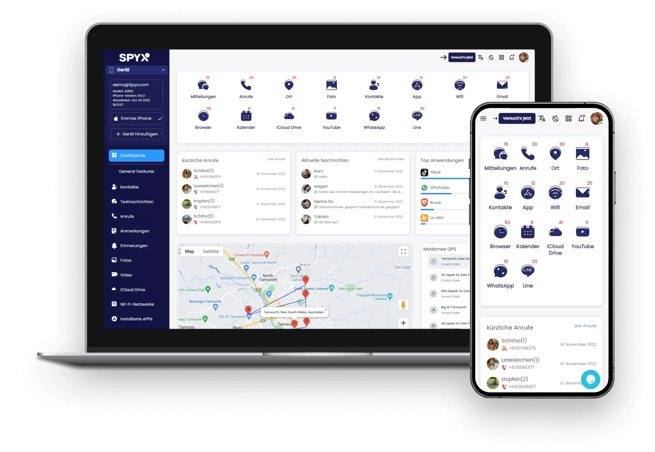 Die Daten des Ziel-Mobiltelefons können in Echtzeit im Spyx-Kontrollpanel überwacht werden.
